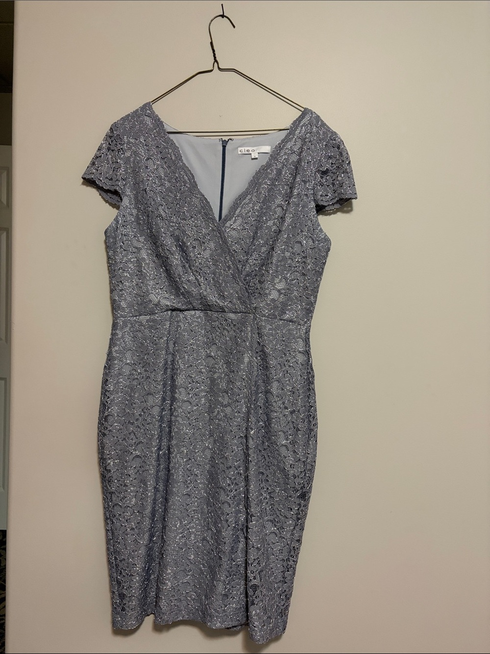 cleo Lace Faux Wrap-Front Midi Dress in Light Gray and Silver